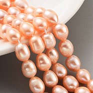 Natural Cultured Freshwater Pearl Beads Strands, Grade 5A, Oval, Light Salmon, 8~9mm, Hole: 0.6mm, about 19pcs/strand, 7.48''(19cm)(PEAR-P062-17A)