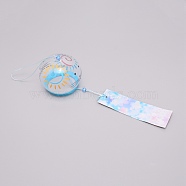 Japanese Round Painting Glass Wind Chimes, with Polyester Cord, Plastic Beads, Rectangle Paper Card, Sun Pattern, 400mm(CF-TAC0001-03D)