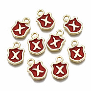 Alloy Enamel Charms, Cadmium Free & Lead Free, Shield with Initial Letters, Light Gold, Letter.X, 14x10x2mm, Hole: 2mm(ENAM-T012-03X-RS)
