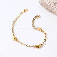 Peach Heart Shaped Stainless Steel Paperclip Chain Bracelets for Women, Golden, 6-3/4 inch(17cm)(LE3297)