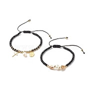 Natural Malaysia & Pearl & Shell Braided Bead Bracelets for Teen Girl Women, Cross & Oval 304 Stainless Steel Charm Bracelets, Golden, Black, Inner Diameter: 2-1/8 inch(5.4~9cm), 2pcs/set(BJEW-JB06958)
