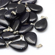 Teardrop Synthetic Blue Goldstone Pendants, with Platinum Tone Brass Findings, 25~29x16~17x5~6mm, Hole: 2x7mm(G-Q368-05)