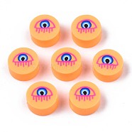 Handmade Polymer Clay Beads, Flat Round with Evil Eye, Sandy Brown, 9.5~10x4.5mm, Hole: 1.6mm(CLAY-N007-004-07)