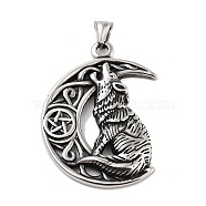 Retro 304 Stainless Steel Big Pendants, Moon with Wolf Charm, Antique Silver, 55x42x6.5mm, Hole: 4x6mm(STAS-I205-34AS)