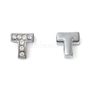 Initial Slide Beads, Alloy Rhinestone Beads, Platinum Color, Letter T, about 9mm wide, 10mm long, 6.5mm thick, hole: 3.5x7mm(X-ZP12-T)