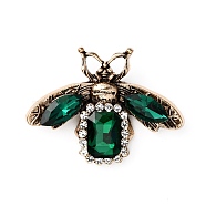 Rhinestone Bee Brooch Pin, Antique Golden Alloy Animal Badge for Backpack Clothes, Emerald, 35x47x6.5mm(JEWB-WH0022-61A)