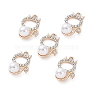 Alloy Rhinestone Pendants, with ABS Plastic Imitation Pearl Beads, Cat Charm, Light Gold, 24x16.5x9mm, Hole: 2.5mm(ALRI-C008-71LG)
