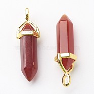 Natural Carnelian Double Terminated Pointed Pendants, Dyed & Heated, with Random Alloy Pendant Hexagon Bead Cap Bails, Golden, Bullet, 37~40x12.5x10mm, Hole: 3x4.5mm(G-G902-B05)