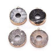 Edge Golden Plated Natural Druzy Agate Pendants, with Golden Iron Loops, Dyed, Donut/Pi Disc, Black, 34~35x30~31x7~9mm, Hole: 2mm(G-S359-185)