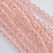 Bicone Glass Beads Strands, Faceted, Pink, 4x4mm, Hole: 1mm, about 92~96pcs/strand, 13.78~14.37 inch(EGLA-P016-4mm-10)