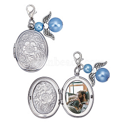 2Pcs Oval 316 Stainless Steel Locket Photo Charms, Angel Brass & Glass Pearl Bouquet Memory Charms, with Alloy Lobster Claw Clasps, Stainless Steel Color,  48mm, 2pcs/set(HJEW-HY00043)