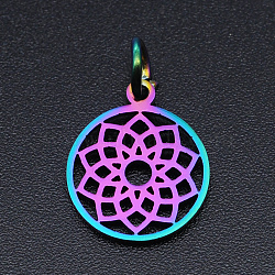 Chakra Theme Ion Plating(IP) 201 Stainless Steel Charms, Laser Cut Pendants, with Jump Rings, Flat Round, Rainbow Color, Sahasrara, 13.5x11.5x1mm, Hole: 3mm(STAS-T054-JN403Q-2)