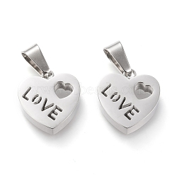 Valentine's Day 304 Stainless Steel Charms, Hollow, Manual Polishing, Heart with Word Love, Stainless Steel Color, 14.5x13.5x3.5mm, Hole: 3x7mm(STAS-F253-10P)
