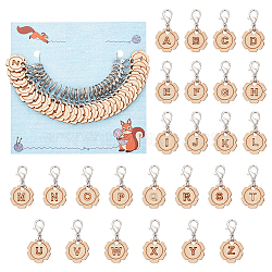 26Pcs Letter A~Z Flower Wood Pendant Locking Stitch Markers, Zinc Alloy Crochet Lobster Clasp Charms, Cornsilk, 2.7cm(HJEW-AB00665)