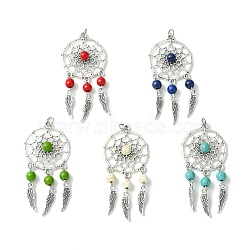 Synthetic Turquoise Dyed Big Pendants, Antique Silver Plated Alloy Woven Web/Net Charms, Mixed Color, Wing, 61.5x28x6.5~7mm, Hole: 3.5mm(PALLOY-JF02310-01)