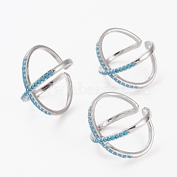 Brass Micro Pave Cubic Zirconia Cuff Rings, Open Rings, Criss Cross Rings, Double Rings, X Rings, Long-Lasting Plated, Platinum, Deep Sky Blue, US Size 7 1/4(17.5mm)(RJEW-C101-13G-D)