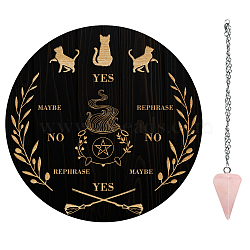 AHADEMAKER 1Pc Wood Pendulum Board, 1Pc 304 Stainless Steel Cable Chain Necklaces, 1Pc Natural Rose Quartz Stone Pendants, for Witchcraft Wiccan Altar Supplies, Cauldron Pattern, Board: 200x4mm(DIY-GA0005-15F)