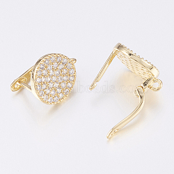 Brass Micro Pave Cubic Zirconia Hoop Earring Findings with Latch Back Closure, Flat Round, Clear, Golden, 16x12x13mm, Hole: 1.2mm, Pin: 1.2mm(ZIRC-K075-24G)