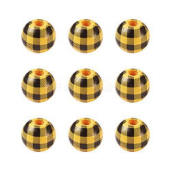 Natural Wooden Beads, Plaid Beads, Tartan Pattern, Round, Yellow, 5/8 inch(16mm), Hole: 4mm(WOOD-TAC0010-05M)