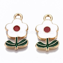 Eco-Friendly Zinc Alloy  Pendants, with Enamel, Flower, Cadmium Free & Nickel Free & Lead Free, Golden, White, 19.5x11x2.5mm, Hole: 2mm(X-ENAM-R051-12-04G-NR)