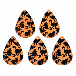 Spray Painted Iron Pendants, Rubberized Style, 3D Printed,  Cat Print Pattern, Teardrop, Coral, 27.5x18x0.5mm, Hole: 1.2mm(IFIN-T016-85)