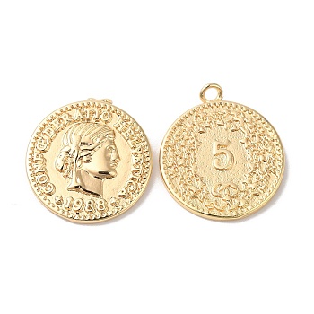 Brass Pendants, Flat Round with Human Charm, Real 18K Gold Plated, 17x16x1.5mm, Hole: 1.5mm