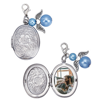 2Pcs Oval 316 Stainless Steel Locket Photo Charms, Angel Brass & Glass Pearl Bouquet Memory Charms, with Alloy Lobster Claw Clasps, Stainless Steel Color,  48mm, 2pcs/set
