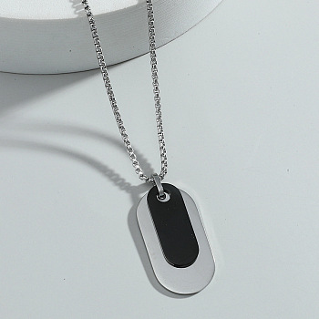 Oval 201 Stainless Steel Blank Tag Pendant Necklaces for Men, Black, Stainless Steel Color, 23.62 inch(60cm)