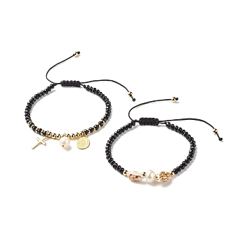 Natural Malaysia & Pearl & Shell Braided Bead Bracelets for Teen Girl Women, Cross & Oval 304 Stainless Steel Charm Bracelets, Golden, Black, Inner Diameter: 2-1/8 inch(5.4~9cm), 2pcs/set