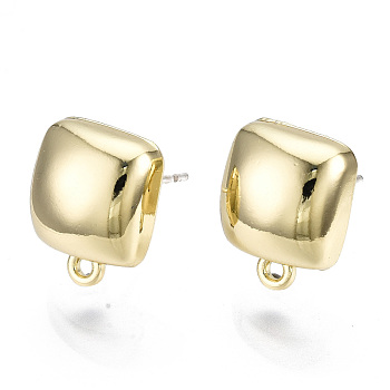 Alloy Stud Earring Findings, with Loop and Steel Pin, Square with Plastic Protective Sleeve, Light Gold, 13x10.5mm, Hole: 1.2mm, Pin: 0.7mm