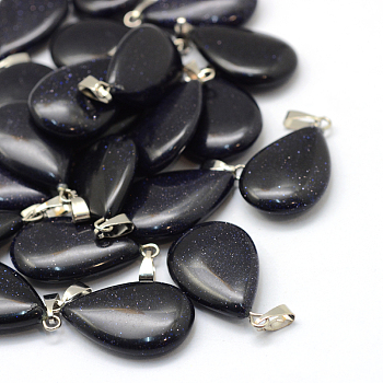 Teardrop Synthetic Blue Goldstone Pendants, with Platinum Tone Brass Findings, 25~29x16~17x5~6mm, Hole: 2x7mm
