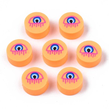 Handmade Polymer Clay Beads, Flat Round with Evil Eye, Sandy Brown, 9.5~10x4.5mm, Hole: 1.6mm