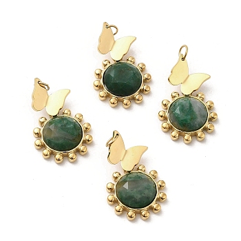 Natural African Jade Faceted Sun Pendants, Ion Plating(IP) Golden Tone 304 Stainless Steel Butterfly Charms, 26x16.5x7mm, Hole: 3.5mm