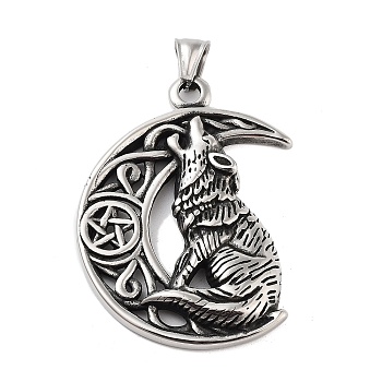 Retro 304 Stainless Steel Big Pendants, Moon with Wolf Charm, Antique Silver, 55x42x6.5mm, Hole: 4x6mm