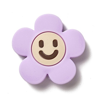 Silicone Beads, Flower with Smiling Face, Silicone Teething Beads, Plum, 30x31x8.5mm, Hole: 3mm