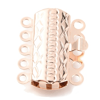 304 Stainless Steel Box Clasps, Multi-Strand Clasps, 5-Strands, 10-Holes, Rectangle with Flower, Rose Gold, 19.5x14x3mm, Hole: 1.4mm