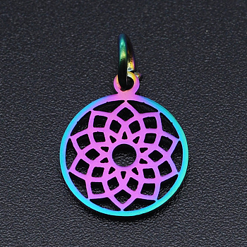 Chakra Theme Ion Plating(IP) 201 Stainless Steel Charms, Laser Cut Pendants, with Jump Rings, Flat Round, Rainbow Color, Sahasrara, 13.5x11.5x1mm, Hole: 3mm