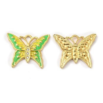 Real 18K Gold Plated 304 Stainless Steel Rhinestone Pendants, with Enamel, Butterfly Charms, Lime, 20x24.5x2mm, Hole: 3x2mm