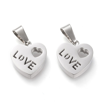 Valentine's Day 304 Stainless Steel Charms, Hollow, Manual Polishing, Heart with Word Love, Stainless Steel Color, 14.5x13.5x3.5mm, Hole: 3x7mm