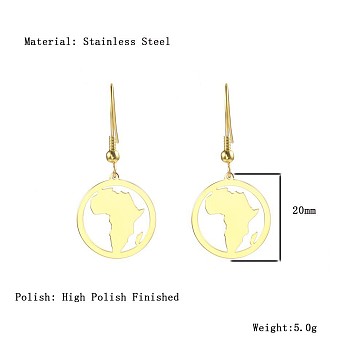 African Map Shape Dangle Earrings, with Stainless Steel Hooks, Golden, 20mm