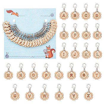 26Pcs Letter A~Z Flower Wood Pendant Locking Stitch Markers, Zinc Alloy Crochet Lobster Clasp Charms, Cornsilk, 2.7cm