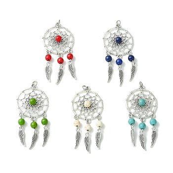 Synthetic Turquoise Dyed Big Pendants, Antique Silver Plated Alloy Woven Web/Net Charms, Mixed Color, Wing, 61.5x28x6.5~7mm, Hole: 3.5mm