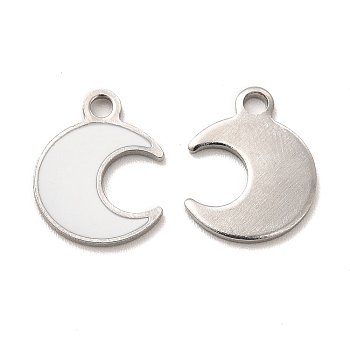 304 Stainless Steel Enamel Pendants, Moon Charm, Stainless Steel Color, 12.5x10x1mm, Hole: 1.6mm