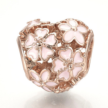 Alloy Enamel European Beads, Large Hole Beads, Hollow Heart, Rose Gold, Misty Rose, 11x11.5x10mm, Hole: 5mm