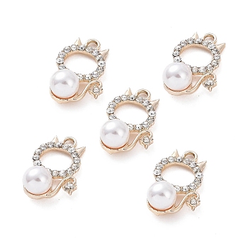 Alloy Rhinestone Pendants, with ABS Plastic Imitation Pearl Beads, Cat Charm, Light Gold, 24x16.5x9mm, Hole: 2.5mm