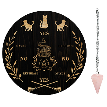 AHADEMAKER 1Pc Wood Pendulum Board, 1Pc 304 Stainless Steel Cable Chain Necklaces, 1Pc Natural Rose Quartz Stone Pendants, for Witchcraft Wiccan Altar Supplies, Cauldron Pattern, Board: 200x4mm