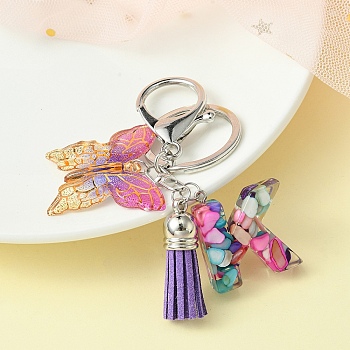 Resin Letter & Acrylic Butterfly Charms Keychain, Tassel Pendant Keychain with Alloy Keychain Clasp, Letter K, 9cm