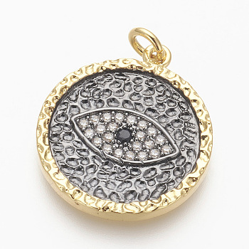 Brass Micro Pave Cubic Zirconia Pendants, Lead Free & Cadmium Free & Nickel Free, Flat Round with Eye, Clear, Gunmetal & Golden, 23.5x20.5x2mm, Hole: 3mm