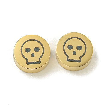 Halloween 304 Stainless Steel Beads, Real 18K Gold Plated, Flat Round, Skull, 8x3mm, Hole: 2mm