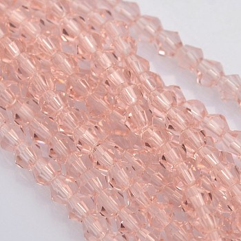 Bicone Glass Beads Strands, Faceted, Pink, 4x4mm, Hole: 1mm, about 92~96pcs/strand, 13.78~14.37 inch